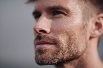 Fototapeta premium Intense portrait of a handsome man looking towards the light, conveying determination and focus. Excellent for depicting leadership, aspiration, or personal development themes.