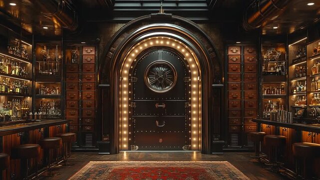 Luxurious Speakeasy Bar with an Impressive Vault Door Entrance.