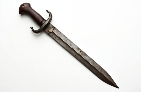 Old bayonet knife with wooden handle and metal blade. It has a curved guard and is shown on a white background. This weapon has a historical appearance. It is a collectible item. - Powered by Adobe
