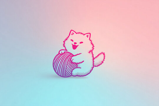 Joyful cartoon illustration featuring a fluffy dog playing with a yarn ball, set against a vibrant, trendy gradient background. Perfect for playful, whimsical designs. - Powered by Adobe