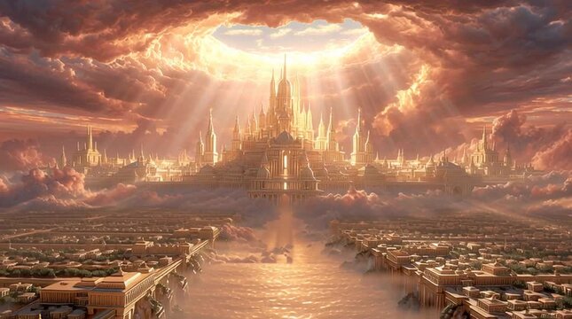 View from the ground looking up as the radiant golden city of New Jerusalem descends from heaven, glowing with the divine light and glory of God &mdash; a majestic biblical vision.
