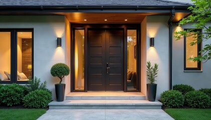 Fototapeta premium A sleek and modern designer entrance door to a country house, oozing elegance and sophistication, enhancing curb appeal , beautiful, entrance