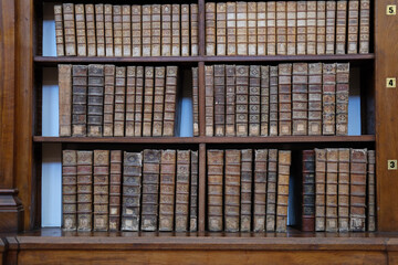 Large collection of aged leather-bound books on wooden shelves, creating a vintage library atmosphere.