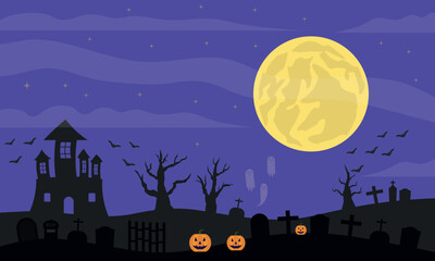 Spooky halloween scene with pumpkins, bats, ghosts in a graveyard. Ideal for halloweenthemed designs, cards, invitations, and decorations.