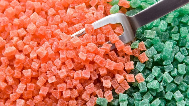 Colorful candied fruit cubes with a silver fork, close-up view and vibrant texture