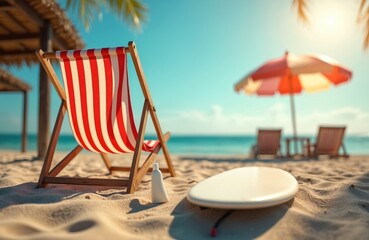 Beach chair, surfboard, and sunblock sit on sand. Ocean waves, clear sky and palm trees hint at tropical vacation. Sunny day for relaxation and water sports.