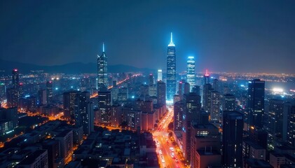 Obraz premium An urban scene featuring skyscrapers and city lights at night, night, illuminated