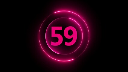 Pink neon glowing number 59 inside concentric circles on black background fifty nine numeral