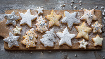 A festive, top-down view of a variety of homemade Christmas cookies shaped like stars and pine trees. Some are dusted with powdered sugar, others decorated with white icing and edible silver details