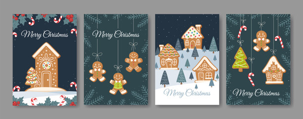 Christmas cards set with gingerbread houses, cookies, trees, candy canes and gingerbread men. Cute holiday winter illustrations for celebration, invitations, posters, banners and greeting card.