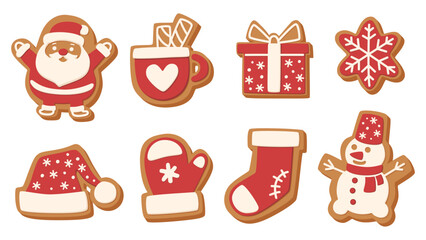 Christmas gingerbread cookies set with Santa, snowman, mitten, sock, hat, snowflake, cup and gift. Cute holiday collection for winter celebration, decoration, posters, invitations and greeting card.