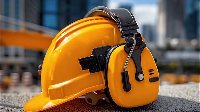 Yellow safety helmet hard hat protective earmuff personal equipment on concrete at construction site conveying workplace safety protective gear industrial worksite helmet