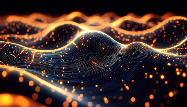 Abstract Wavy Lines with Glowing Particles in Dark Background