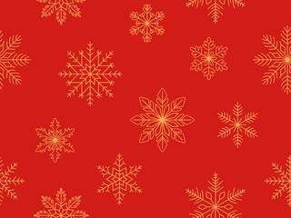 Christmas seamless snowflake pattern on red background. Decorative winter design for wrapping paper, fabric, wallpaper and seasonal projects.