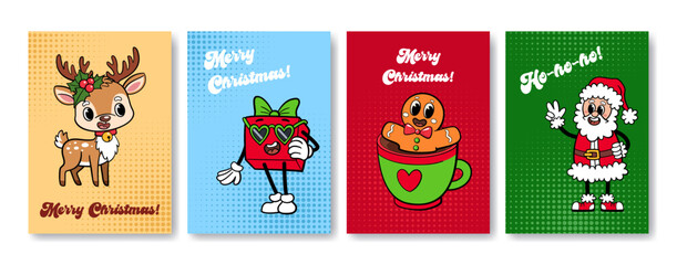 Groovy retro Christmas cards set. Hippie Christmas reindeer, gift, gingerbread man in chocolate cup and Santa saying Ho-ho-ho. Collection of cards for festive New Year party. Vector illustrations.