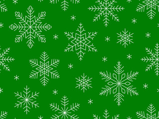 Christmas snowflake seamless pattern on green background. Seasonal winter texture for wrapping paper, packaging, wallpaper and fabric. Vector background.