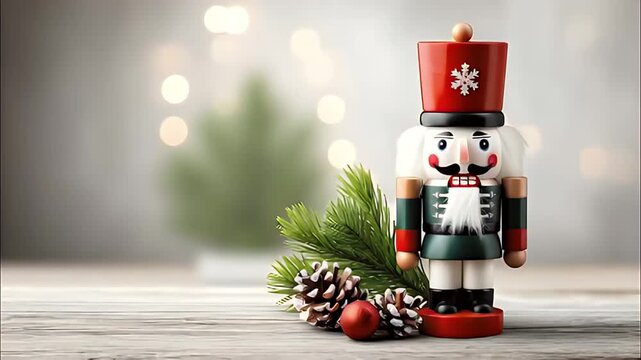 Wooden nutcracker soldier toy holiday decoration christmas ornament pine branch pinecone festive winter scene evoking cozy nostalgic charm on wooden table with red hat green coat white beard