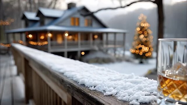Cozy winter cabin porch with snow on railing, glass of whiskey with ice, warm light and bokeh Christmas tree creating peaceful holiday evening atmosphere
