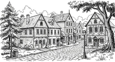 Obraz premium Hand-Drawn European Town Street Scene with Cobblestone Road and Traditional Buildings.