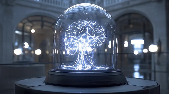 Captivating Abstract Brain Illuminated in a Bell Jar, Symbolizing Advanced Cognitive Research, Artificial Intelligence, and the Future of Intellectual Discovery