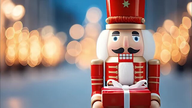 Red nutcracker toy soldier holiday gift christmas decoration festive bokeh winter street wrapped present traditional wooden figure red uniform standing snowy street with warm glow and decorative