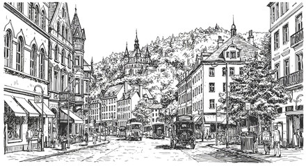 Obraz premium Heidelberg Street Scene: Vintage Cars and Historic Architecture Sketch.