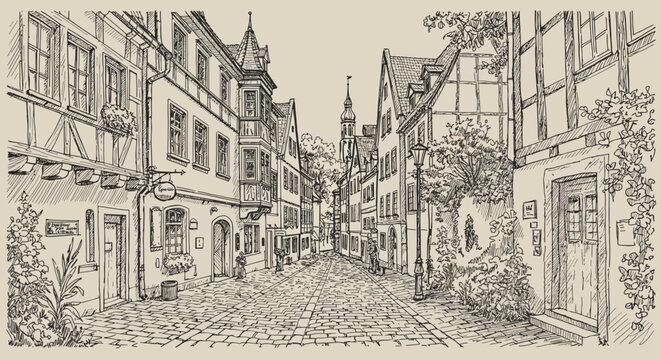 Hand-drawn European street scene with cobblestone road and historic buildings.