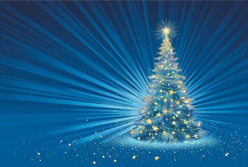 Fototapeta premium Vector Christmas tree with blue background, vector illustration of a white Christmas tree with blue rays and a star on the top