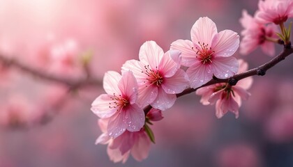 Obraz premium Pink sakura flowers on branch with water drops. Cherry blossoms in bloom on tree. Soft pink petals and dark pink centers. Blurred background with pink flowers. Nature scene with flowering tree.