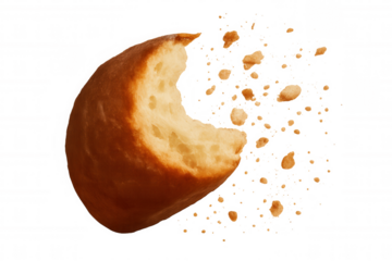 Delicious baked bread roll with bite mark and flying crumbs on transparent background signifying hunger and freshness