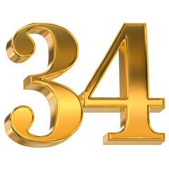 Brilliant 3D Golden Number 34: A symbol of success, luxury, anniversaries, and significant achievements.
