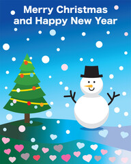 Cute Christmas greeting illustration features a smiling snowman, an ornamented Christmas tree, falling snow and colorful hearts on a background. Perfect for holiday cards.