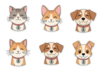 Obraz premium Cartoon cats and dogs wearing collars with ribbons for animal welfare awareness campaign