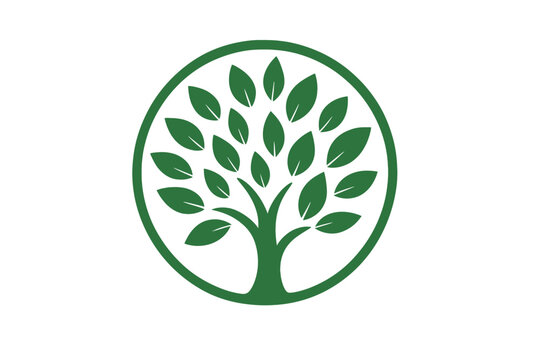 Green tree with leaves round icon design vector illustration. Environment concept symbol, nature growth, organic ecology, eco-friendly, leaf tree emblem in circle, sustainable life graphic.
