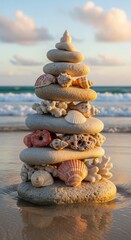 Stacked smooth stones and seashells balanced on a wet sandy beach at sunset with ocean waves rocks