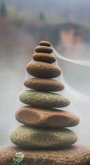 Stacked smooth river stones with wisps of fog and blurred natural background stacked stones balanced stones