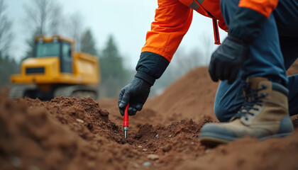 Geotechnical engineer uses tool to test soil hardness at construction site before excavation. Heavy machinery yellow excavator in background on overcast day. Worker wears safety vest and gloves.