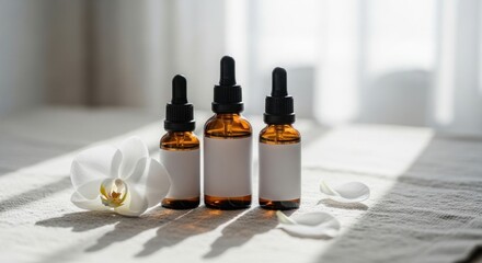 Three amber glass dropper bottles with white labels and a white orchid flower amber bottles essential oil bottles