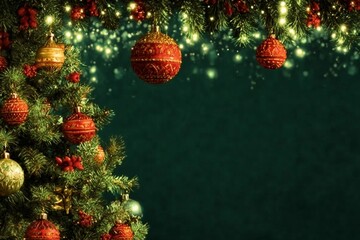 Naklejka premium Decorated with ornaments and lights Christmas tree on dark green background. Merry Christmas and Happy Holidays greeting card, frame, banner. New Year. Noel. Winter holiday theme.