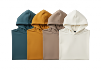 Four hooded sweatshirts in different colors, including teal, mustard yellow, taupe, and offwhite, neatly arranged and isolated on a transparent background