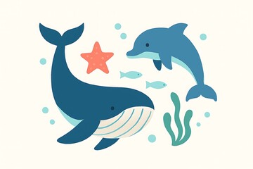 Obraz premium Cartoon illustration of a whale, dolphin, starfish, fish, seaweed, and bubbles on a white background.