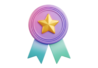 3d rendered golden star award medal with purple and pink gradient and blue ribbons isolated on transparent background