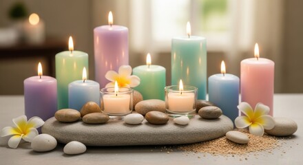 Assorted pastel colored pillar candles and small votive candles lit with decorative stones and flowers