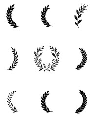 Features curved leaf branches and central wreath symbolizing honor, success, and achievement. Perfect for elegant emblems, certificates, award logos, and decorative illustrations. Isolated on white ba