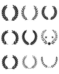 Set of nine laurel wreath designs in black silhouette style. Includes classic and floral variations representing honor, achievement, and excellence.