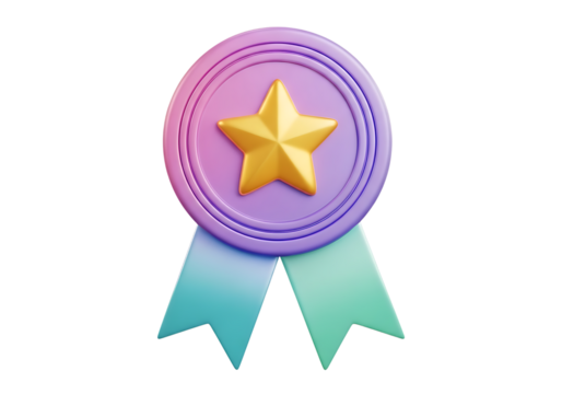 3d rendered golden star award medal with purple and pink gradient and blue ribbons isolated on transparent background