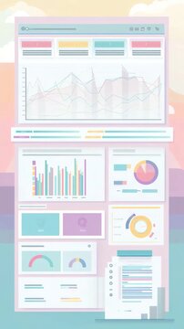 Pastel-colored financial dashboard illustration, infographic style with budget charts, savings progress, and financial goals, flat design, clean soft background, editorial visual layout