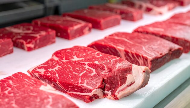 Fresh Raw Beef Cuts Displayed on a White Surface.