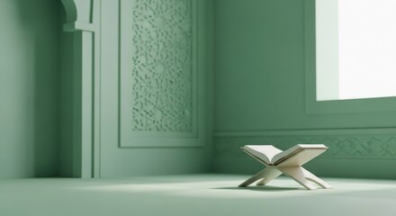 A holy book rests open on a wooden stand in a room with Islamic architectural details and soft green lighting