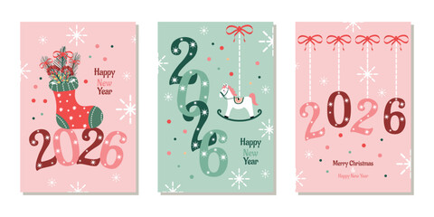 Trendy modern templates for posters or postcards for Christmas and New Year 2026 with minimalistic holiday decor. Vector design.